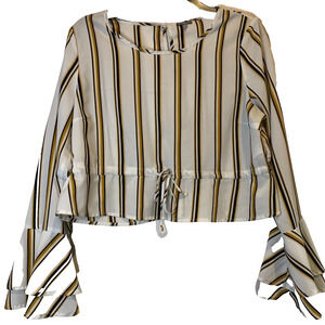 Charlotte Russe Womans Cream/Black/Gold Stripe Crop Top Size M Bell Sleeve Y2K